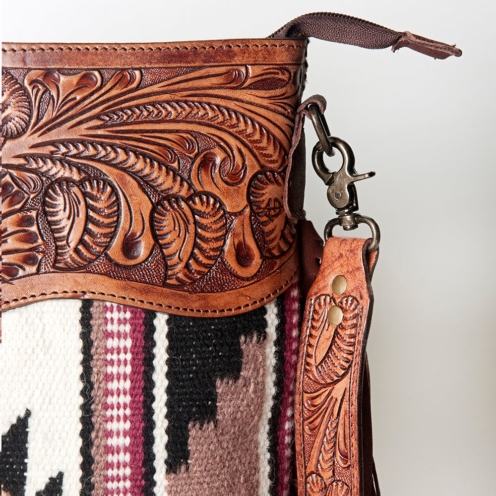 ADBGZ569 White & Wine Southwestern Woven Crossbody Bag - Tooled Leather & Fringe Western Purse