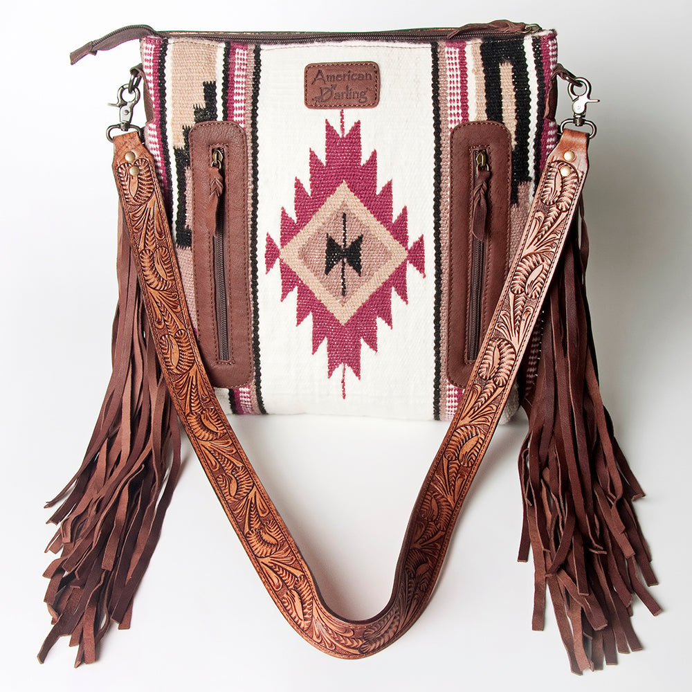 ADBGZ569 White & Wine Southwestern Woven Crossbody Bag - Tooled Leather & Fringe Western Purse