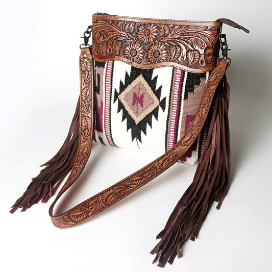 ADBGZ569 White & Wine Southwestern Woven Crossbody Bag - Tooled Leather & Fringe Western Purse