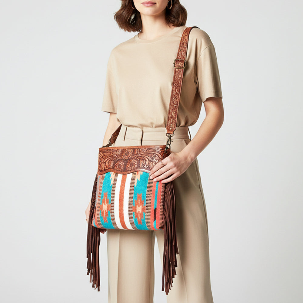 LC-ADBGZ574 Turquoise & Rust Southwestern Woven Crossbody Bag - Tooled Leather Trim & Fringe Strap