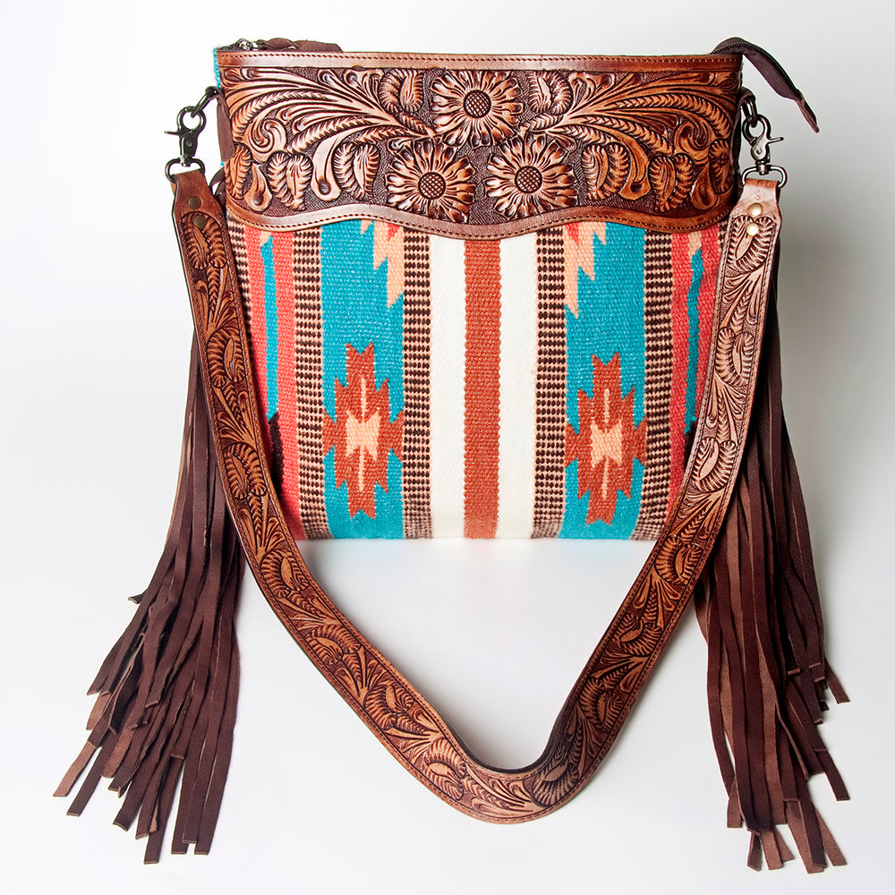 LC-ADBGZ574 Turquoise & Rust Southwestern Woven Crossbody Bag - Tooled Leather Trim & Fringe Strap