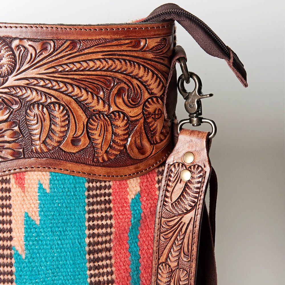 LC-ADBGZ574 Turquoise & Rust Southwestern Woven Crossbody Bag - Tooled Leather Trim & Fringe Strap