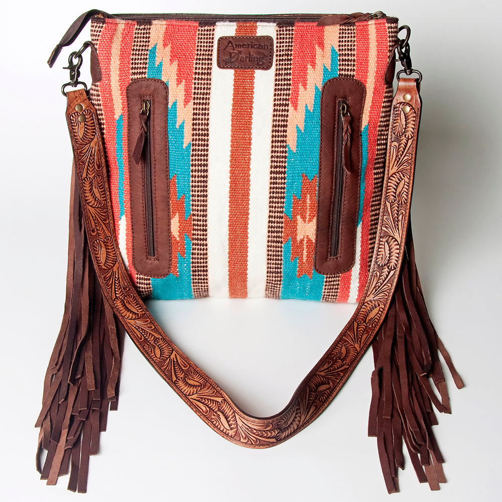 LC-ADBGZ574 Turquoise & Rust Southwestern Woven Crossbody Bag - Tooled Leather Trim & Fringe Strap