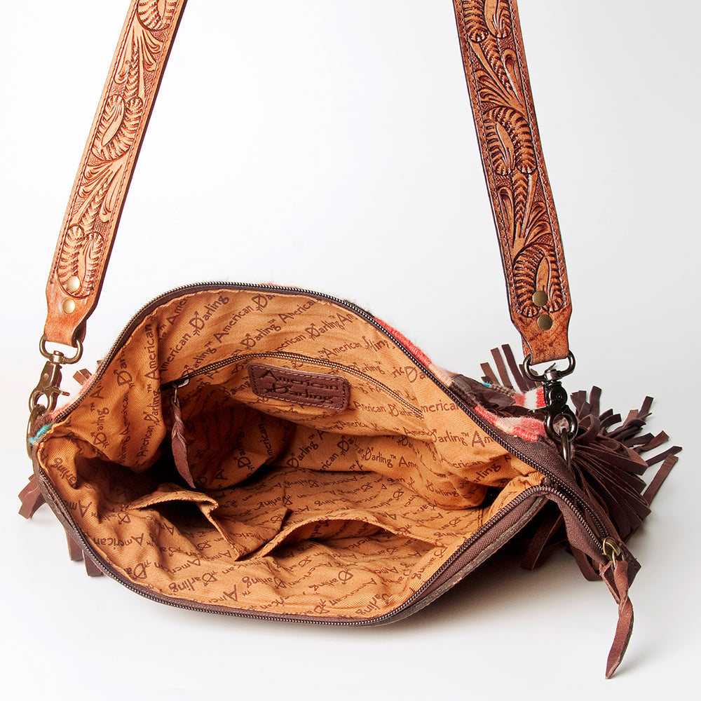 LC-ADBGZ574 Turquoise & Rust Southwestern Woven Crossbody Bag - Tooled Leather Trim & Fringe Strap