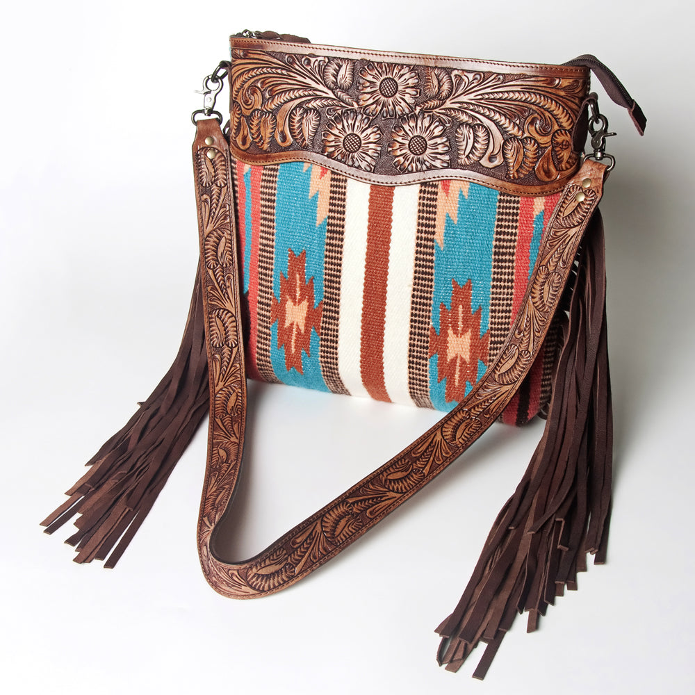 LC-ADBGZ574 Turquoise & Rust Southwestern Woven Crossbody Bag - Tooled Leather Trim & Fringe Strap