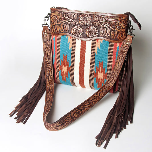 LC-ADBGZ574 Turquoise & Rust Southwestern Woven Crossbody Bag - Tooled Leather Trim & Fringe Strap