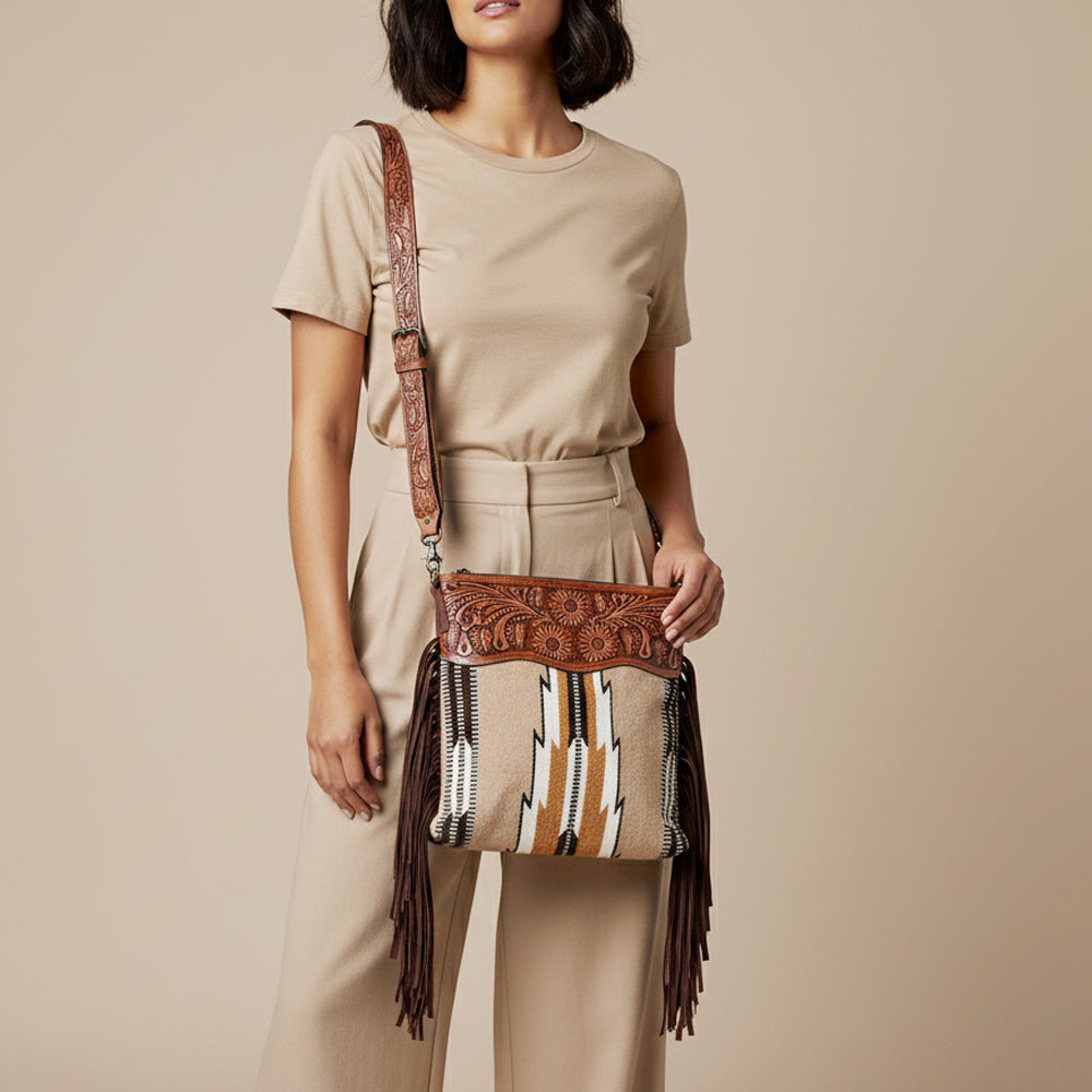 LC-ADBGZ577 Beige Southwestern Woven Crossbody Bag - Floral Tooled Leather Trim & Fringe Strap