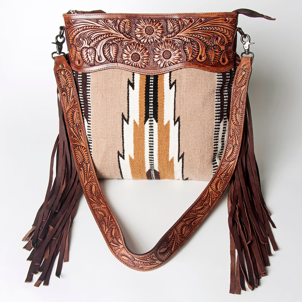 LC-ADBGZ577 Beige Southwestern Woven Crossbody Bag - Floral Tooled Leather Trim & Fringe Strap