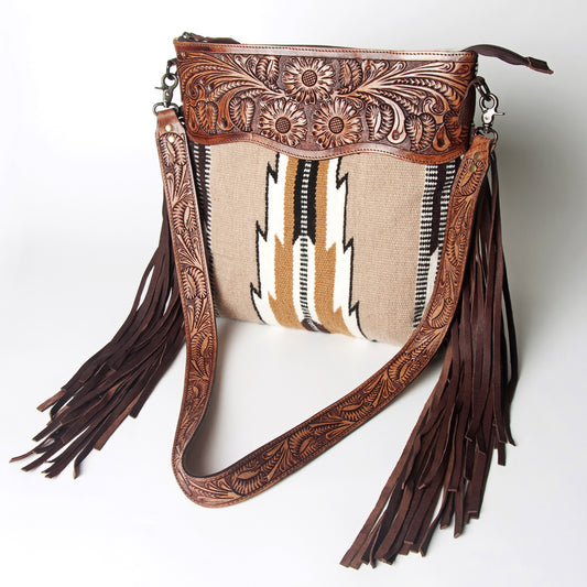 LC-ADBGZ577 Beige Southwestern Woven Crossbody Bag - Floral Tooled Leather Trim & Fringe Strap