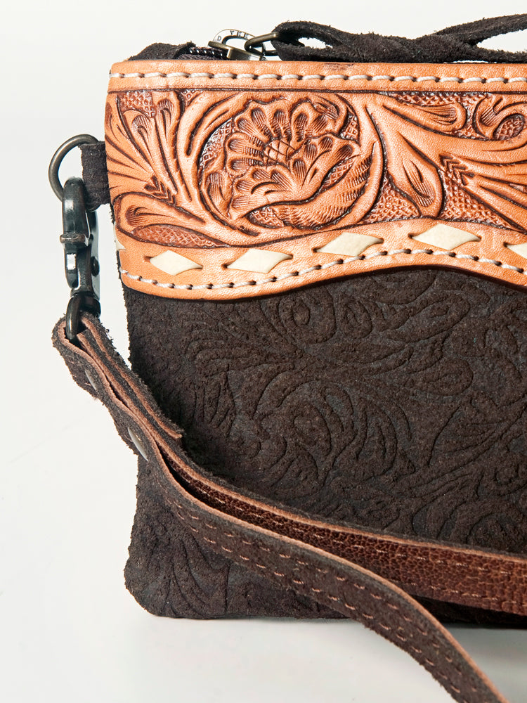ADBG344 Embossed Leather Wristlet Western Fringe Clutch with Tooled Floral Design