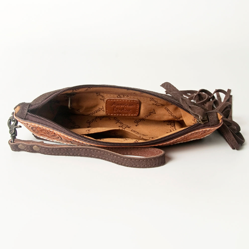 ADBG344 Embossed Leather Wristlet Western Fringe Clutch with Tooled Floral Design