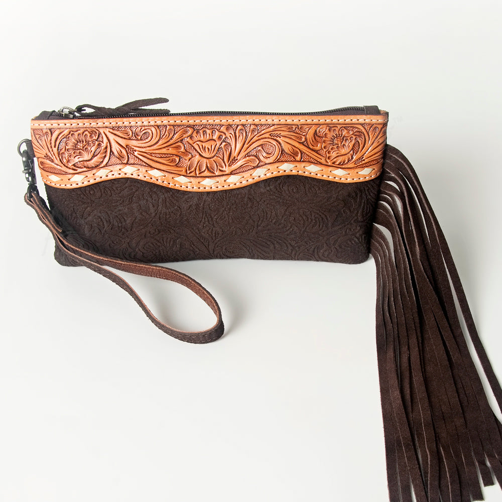 ADBG344 Embossed Leather Wristlet Western Fringe Clutch with Tooled Floral Design