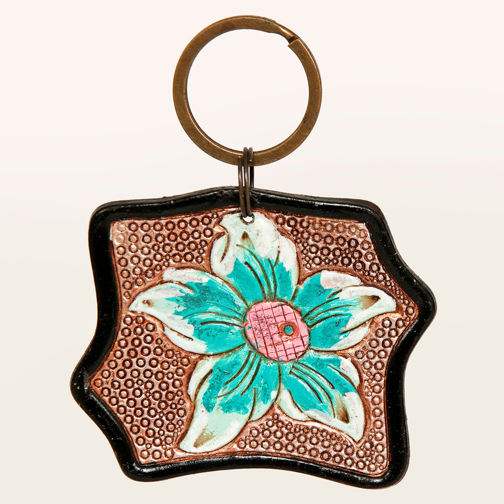 LC-ADKR179 Hand-Tooled Leather Flower Keyring   Turquoise & Pink Floral Accent