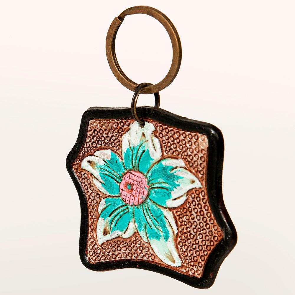 LC-ADKR179 Hand-Tooled Leather Flower Keyring   Turquoise & Pink Floral Accent