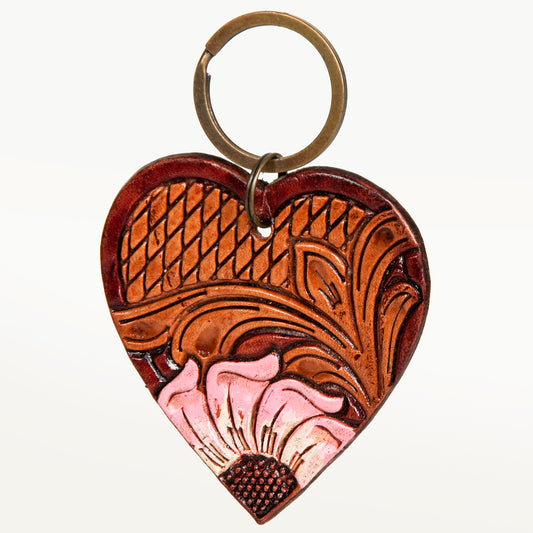 ADKR181 Hand-Tooled Leather Heart keyring   Western Floral Design with Pink Accents