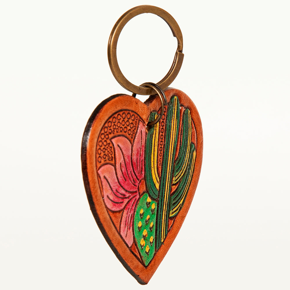ADKR182 Hand-Tooled Leather Heart Keyring   Western Floral Design with Pink Accents
