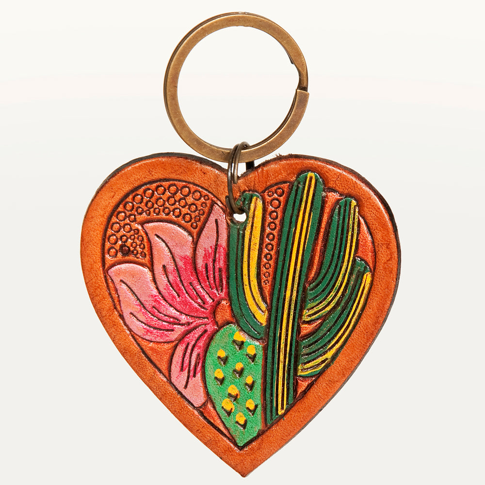 ADKR182 Hand-Tooled Leather Heart Keyring   Western Floral Design with Pink Accents