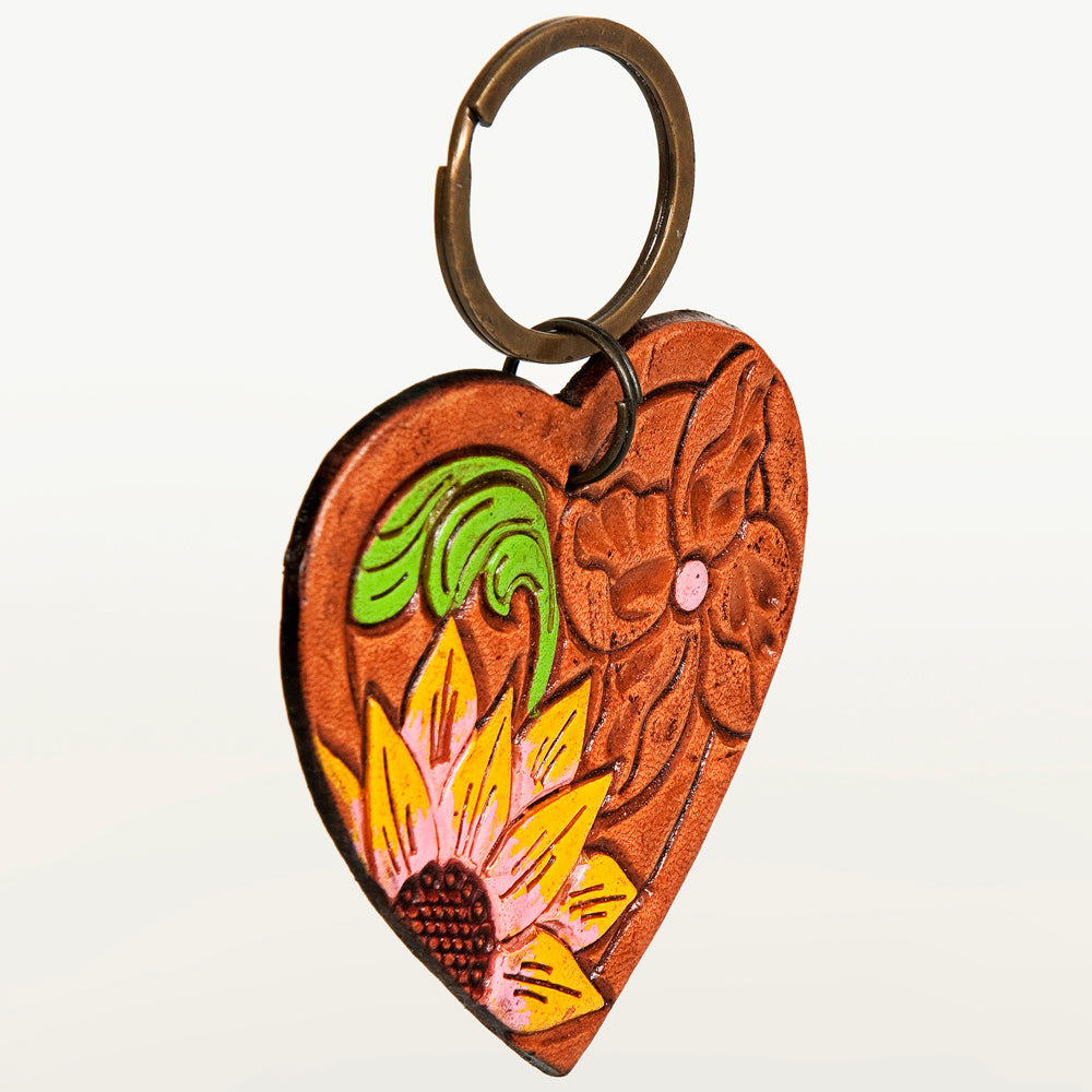 ADKR183 Hand-Tooled Leather Heart Keyring   Western Floral Design with Pink Accents