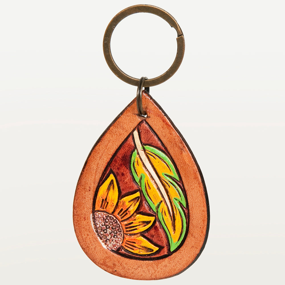 LC-ADKR184 Hand-Tooled Leather Keyring   Teardrop with Sunflower & Feather Design