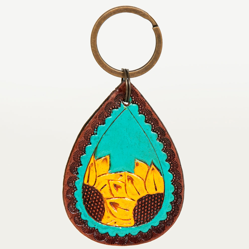 LC-ADKR185 Hand-Tooled Leather Keyring   Teardrop with Dual Sunflower & Turquoise Inlay