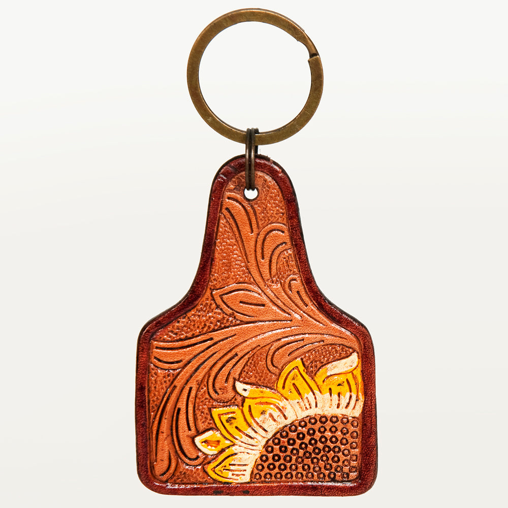 ADKR187 Hand-Tooled Leather Sunflower keyring   Western Floral Scroll Design