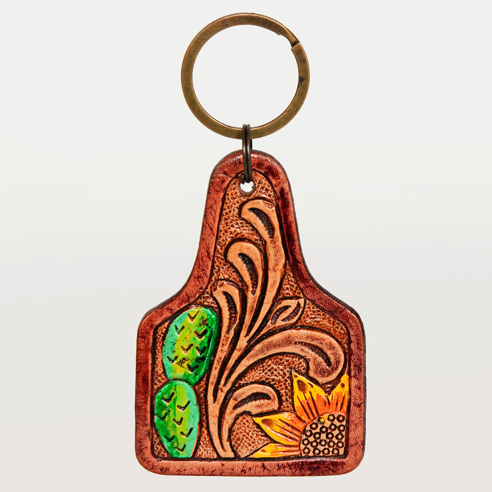 ADKR188 Hand-Tooled Leather Sunflower Keyring   Western Floral Scroll Design