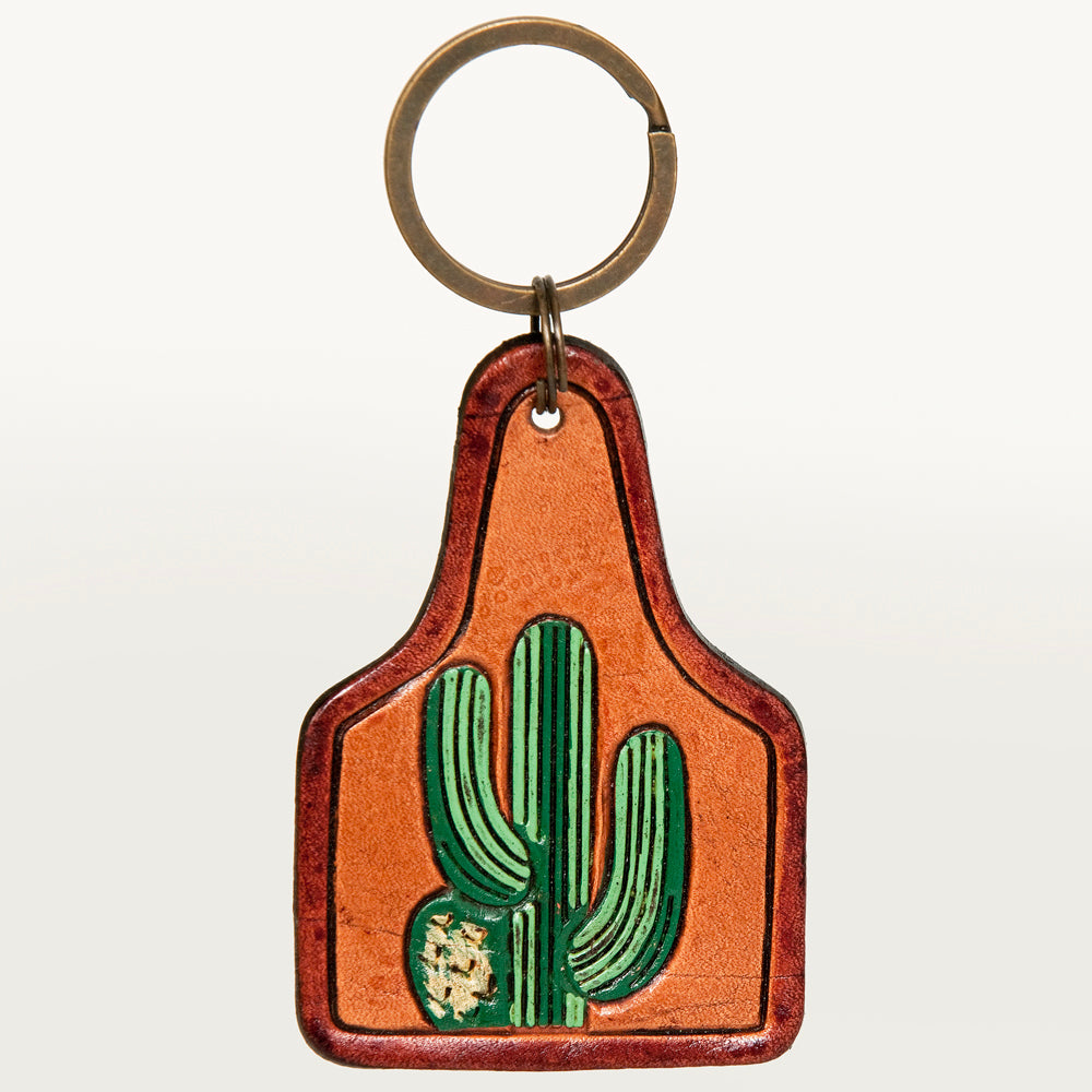 LC-ADKR190 Hand-Tooled Leather Cactus Keyring   Western Desert Design