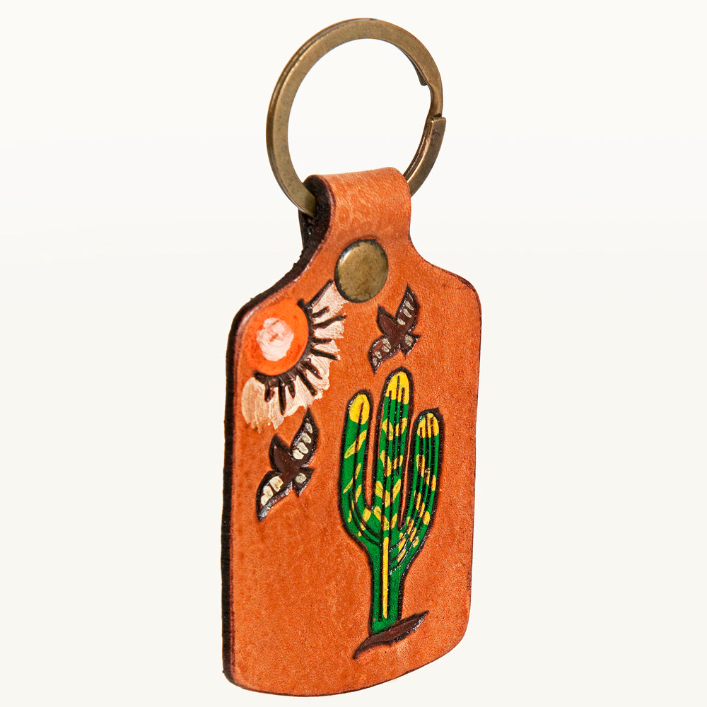 LC-ADKR192 Hand-Tooled Leather Keyring   Desert Scene with Cactus, Sun & Butterflies