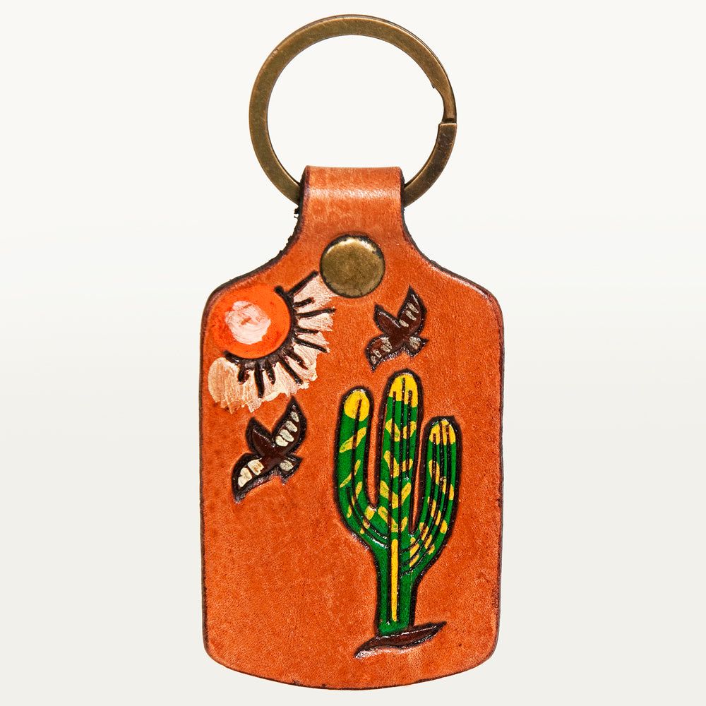 LC-ADKR192 Hand-Tooled Leather Keyring   Desert Scene with Cactus, Sun & Butterflies