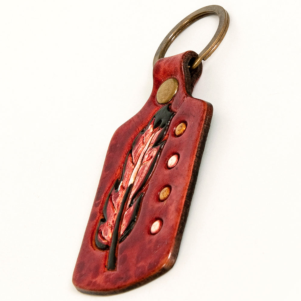LC-ADKR193 Hand-Tooled Leather Keyring   Red Feather Design with Western Accents