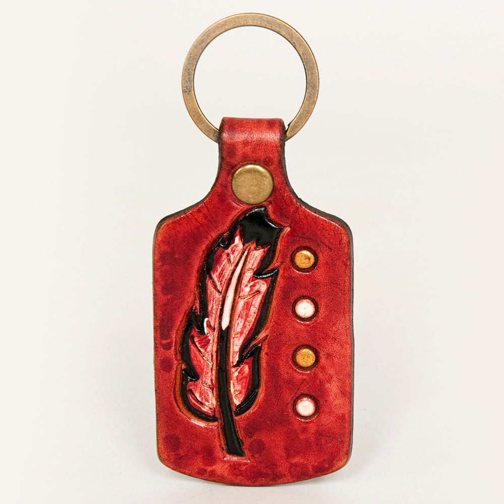 LC-ADKR193 Hand-Tooled Leather Keyring   Red Feather Design with Western Accents