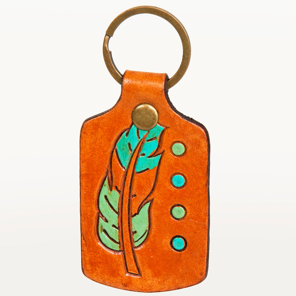 LC-ADKR194 Hand-Tooled Leather Feather Keyring   Turquoise & Green with Dot Accents