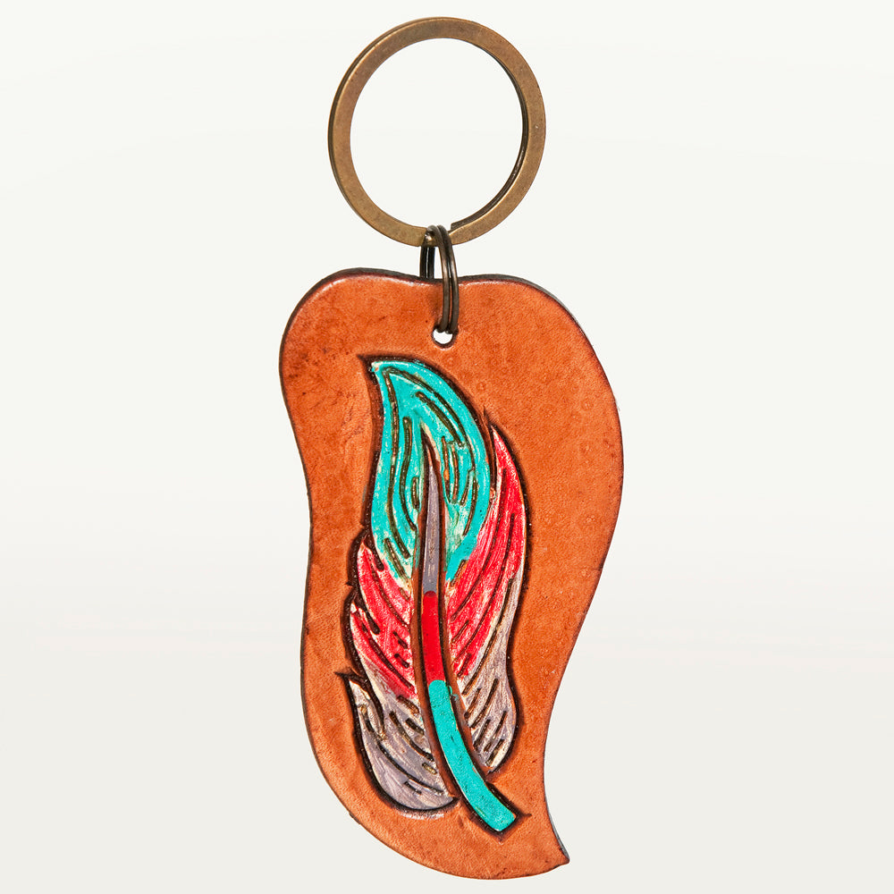 LC-ADKR196 Hand-Tooled Leather Feather Keyring   Freeform Shape with Turquoise & Red Accents
