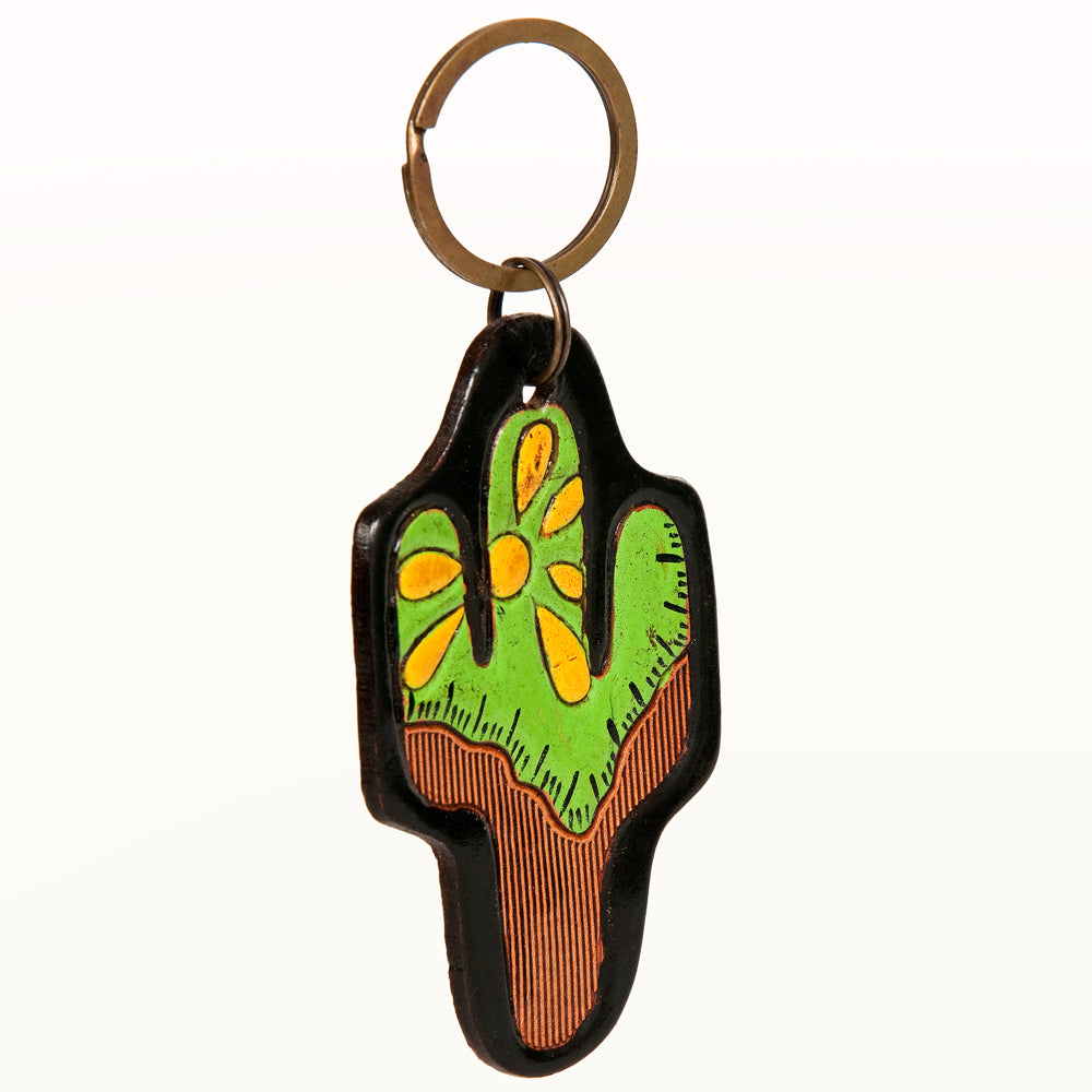 LC-ADKR197 Hand-Tooled Leather Cactus Keyring   Bright Green with Yellow Floral Accents