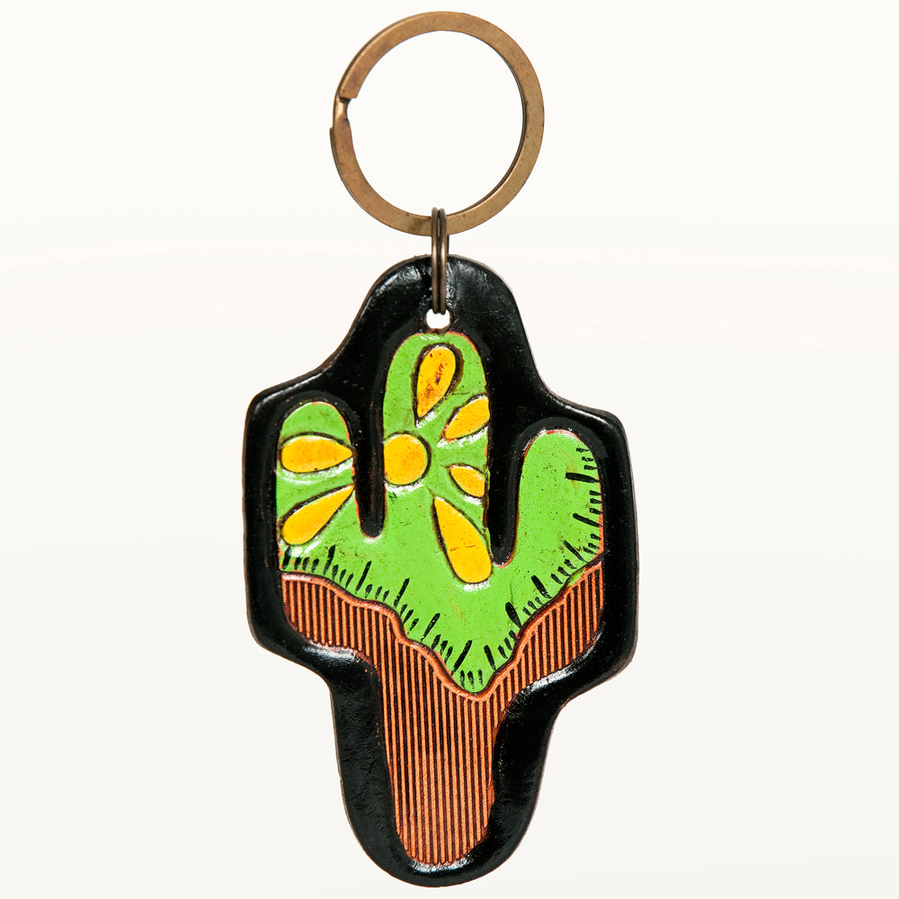 LC-ADKR197 Hand-Tooled Leather Cactus Keyring   Bright Green with Yellow Floral Accents