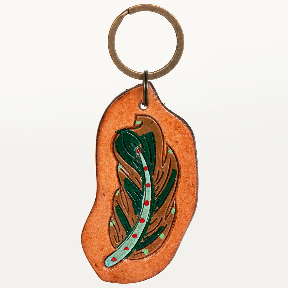 LC-ADKR198 Hand-Tooled Leather Feather Keyring   Freeform with Green, Brown & Red Accents