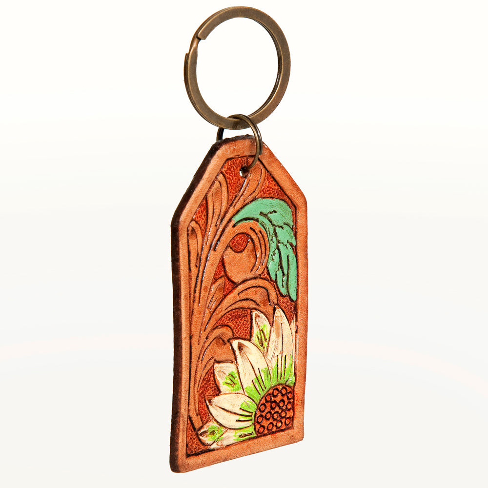 ADKR199 Hand-Tooled Leather Keyring   White Sunflower with Green Leaf & Western Scrolls
