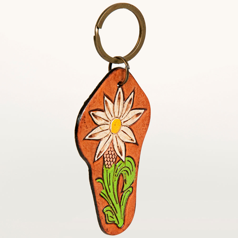 LC-ADKR200 Hand-Tooled Leather Keyring   White Sunflower with Green Leaf & Western Scrolls