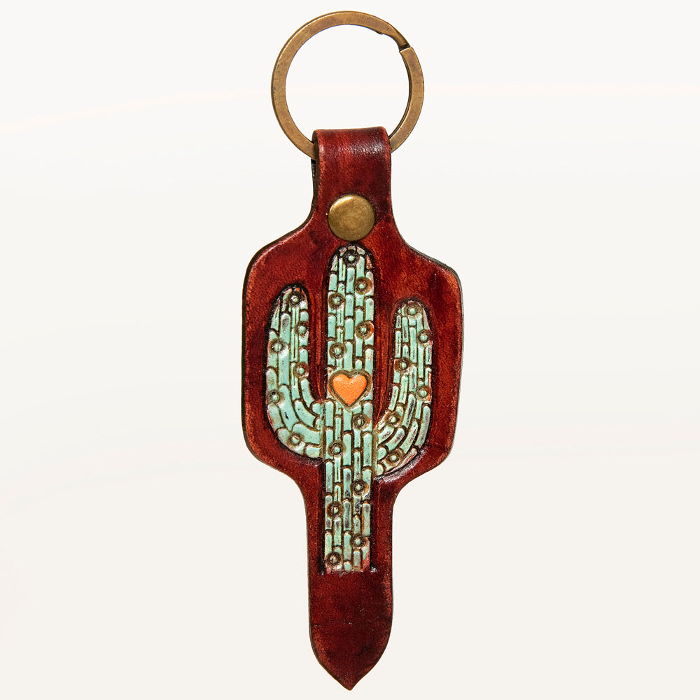 ADKR202 Hand-Tooled Leather Cactus Keyring   Turquoise Mosaic with Heart Detail