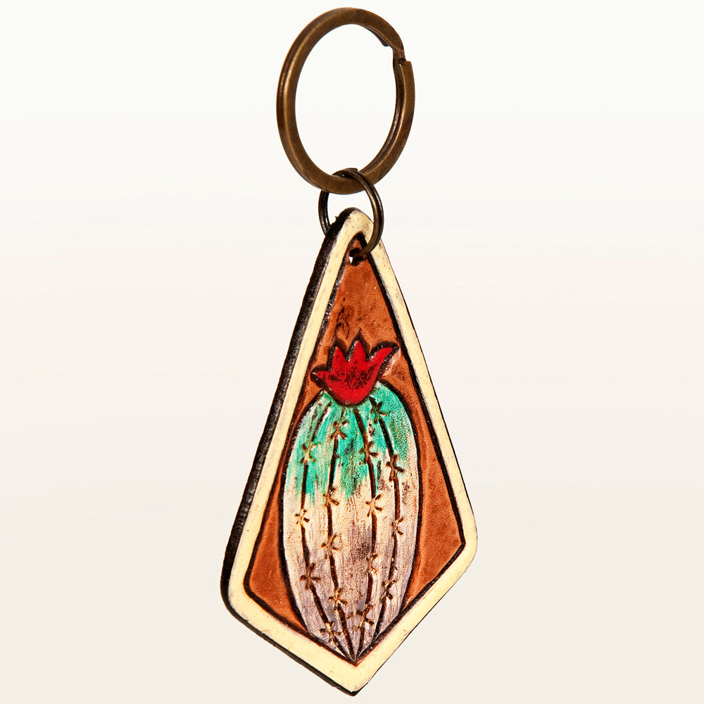 ADKR203 Hand-Tooled Leather Keyring   Diamond Shape with Blooming Barrel Cactus