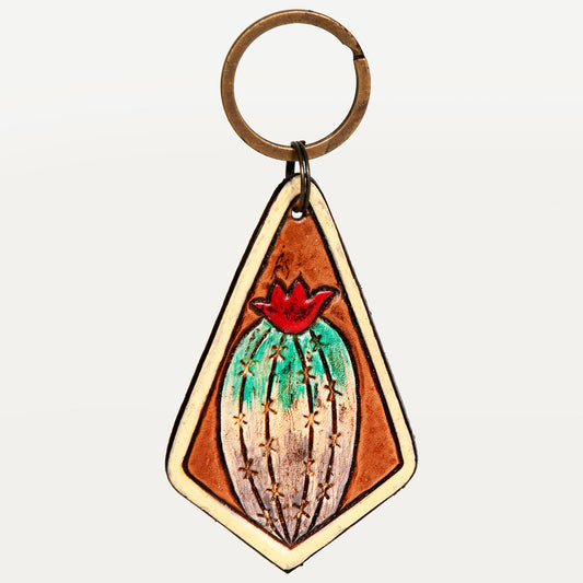ADKR203 Hand-Tooled Leather Keyring   Diamond Shape with Blooming Barrel Cactus