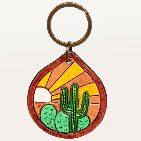 ADKR204 Hand-Tooled Leather Keyring   Desert Sunrise with Cactus Scene