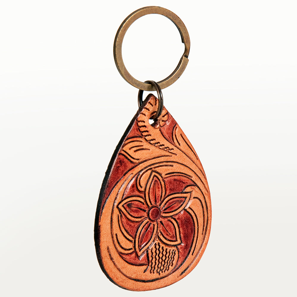 LC-ADKR205 Hand-Tooled Leather keyring   Teardrop with Western Floral Scrollwork