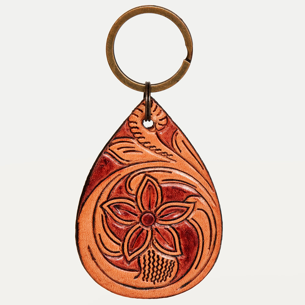 LC-ADKR205 Hand-Tooled Leather keyring   Teardrop with Western Floral Scrollwork