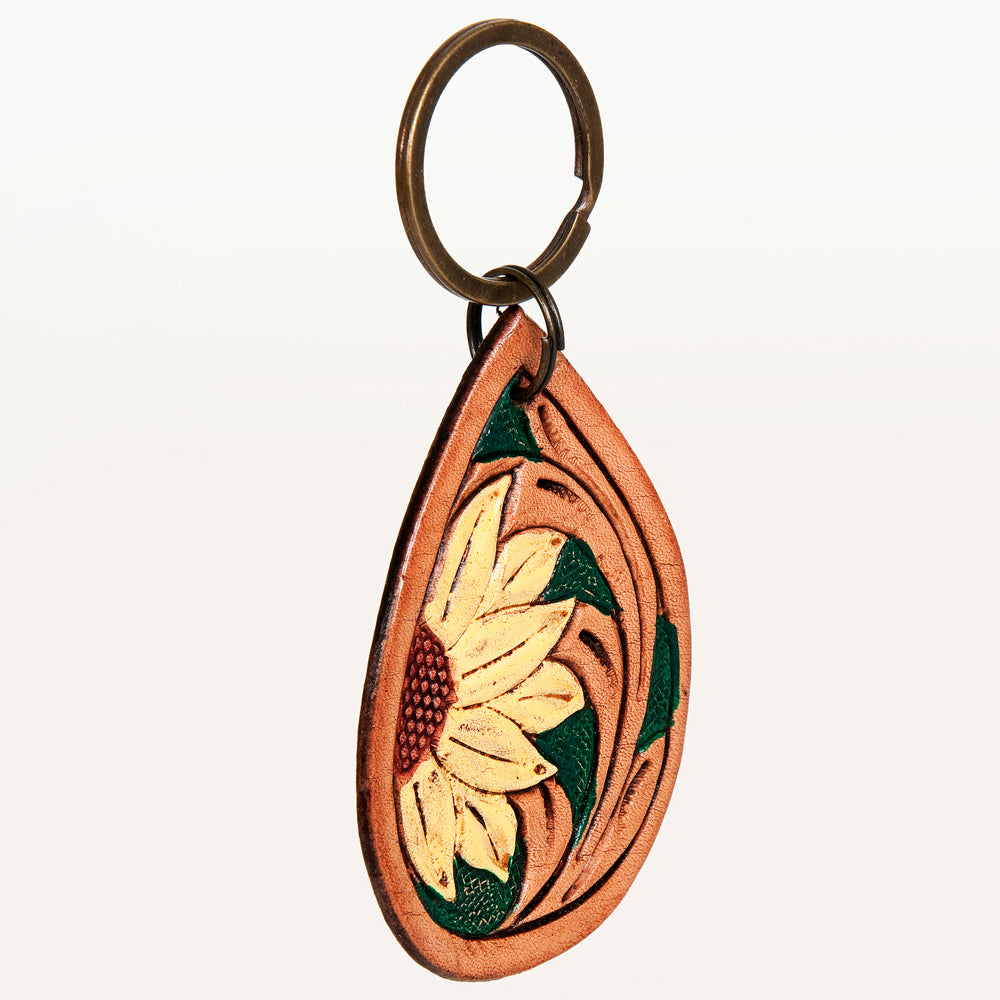 LC-ADKR206 Hand-Tooled Leather Keyring   Teardrop with Western Floral Scrollwork