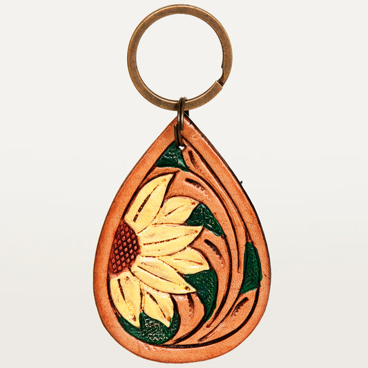 LC-ADKR206 Hand-Tooled Leather Keyring   Teardrop with Western Floral Scrollwork