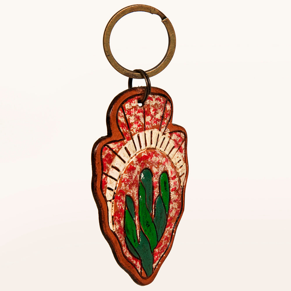 LC-ADKR207 Hand-Tooled Leather Keyring   Arrowhead Shape with Green Cactus & Red Speckled Background