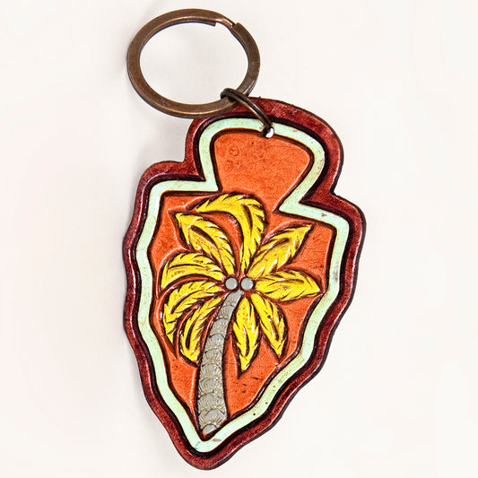 LC-ADKR208 Hand-Tooled Leather Keyring   Arrowhead Shape with Green Cactus & Red Speckled Background