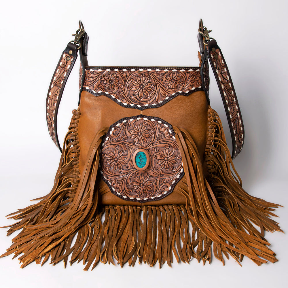 LC-ADBGA234A Western Tooled Leather Fringe Shoulder Bag with Turquoise Stone Accent