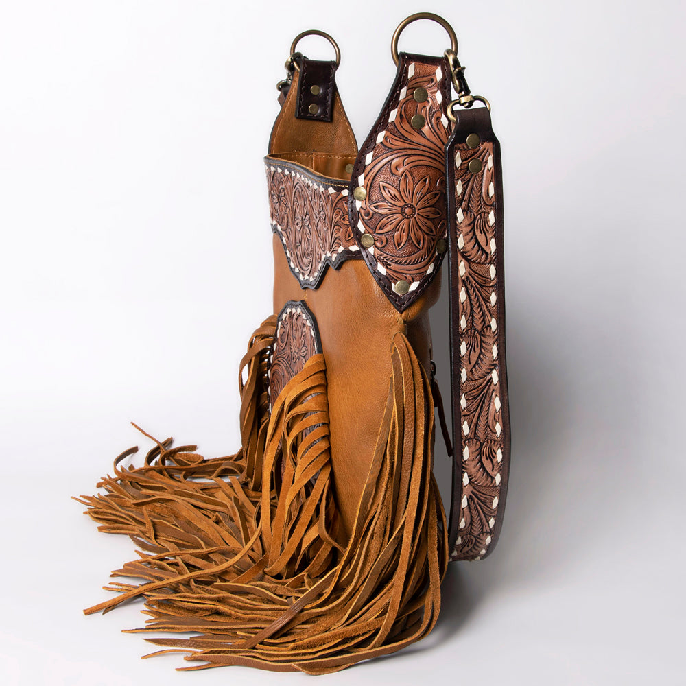 LC-ADBGA234A Western Tooled Leather Fringe Shoulder Bag with Turquoise Stone Accent